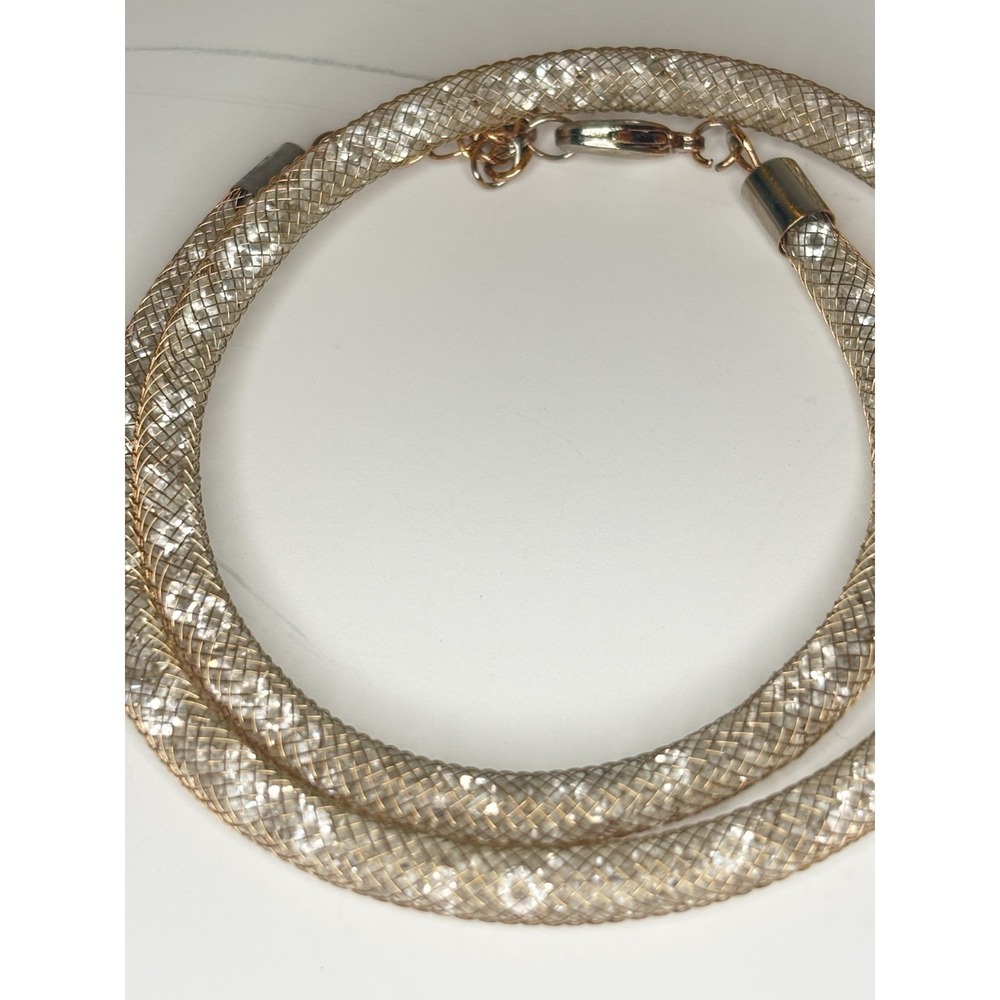 Mesh Tube Necklace Gold Tone Champagne Wire Sparkly Crystals Choker 17"